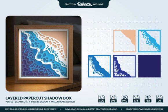 3D Beach Waves Layered Shadow Box