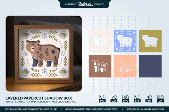 3D Bear Folk Art Shadow Box SVG: A Wildlife-Inspired 3D SVG for Laser Cut & Cutting Machine Projects