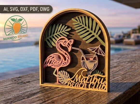 3D Malibu Beach Club Layered SVG Stand – Summer-Inspired Laser Cutting Design for Brand Elegance