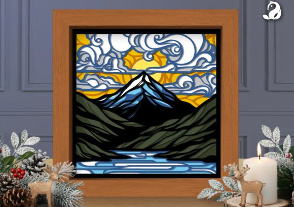 3D Mountain Sunset Shadow Box SVG