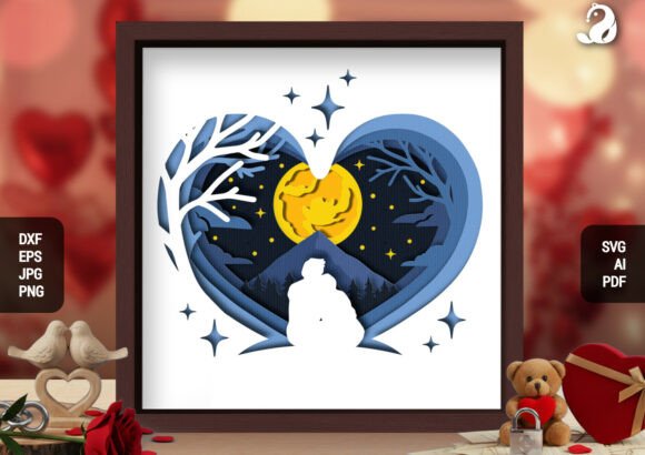 3D Romantic Couple Moon Shadow Box SVG for Emotional Branding