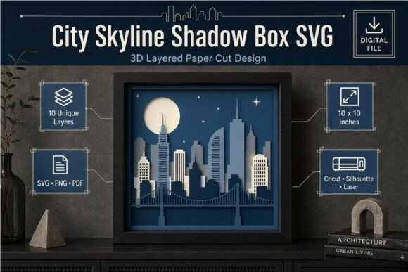 City Skyline Shadow Box Blue – A 3D SVG for Urban-Inspired Crafters & Etsy Sellers