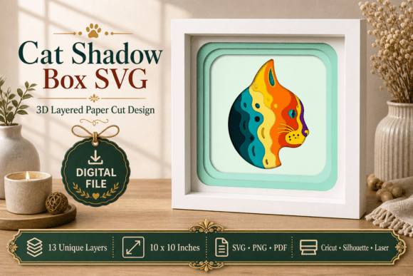 Colorful Cat Shadow Box Layered Paper: A 3D SVG Design for Playful Editorial Appeal