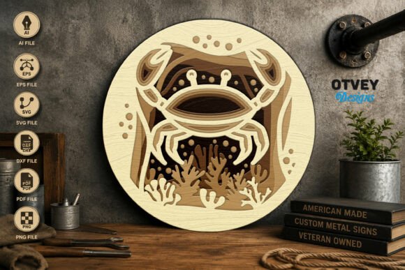 Crab Sea Animals Mandala 3D Layered Lase for Laser Cutting Wall Decor