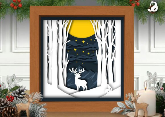 Deer Forest Night Shadow Box: 3D SVG for Elegant Branding