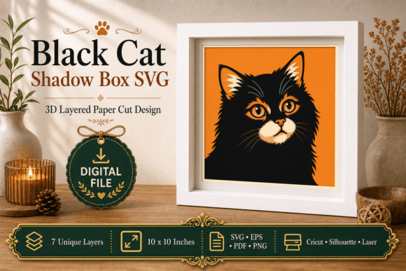 Fluffy Black Cat 3D SVG Shadow Box Design for Crafters & Etsy Sellers