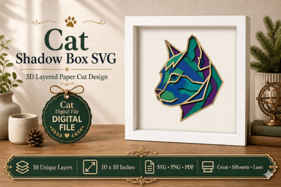 Geometric Cat Head Shadow Box: A 3D SVG Design for Modern Branding