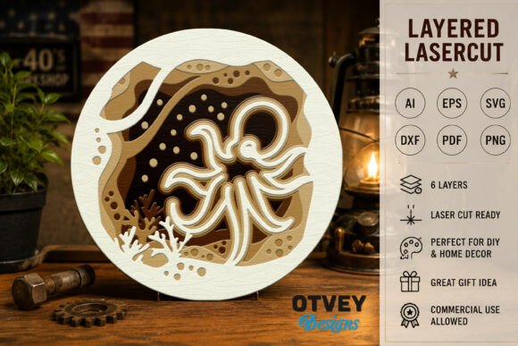 Octopus Sea Animals Mandala 3D Layered L for Laser Cutting Wall Decor