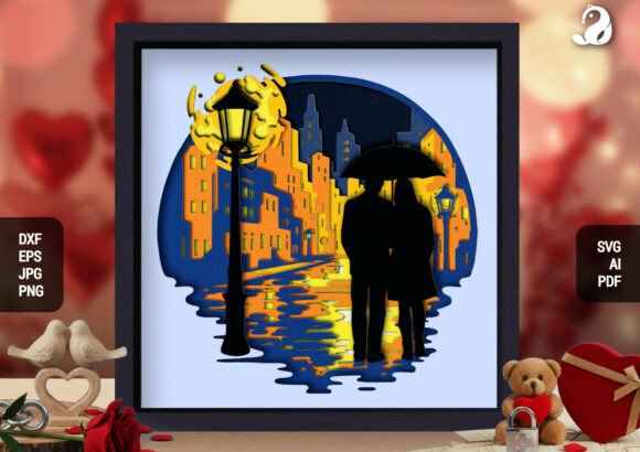 Rainy Night Cityscape Couple Shadowbox: A 3D SVG for Modern Shadow Boxes