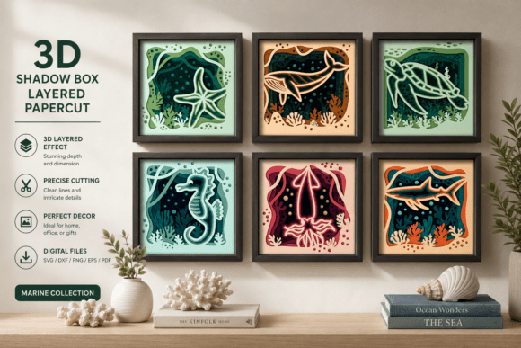 Sea Animals in a Seabed Atmosphere 3D SVG for Shadow Boxes & Real Crafting Projects