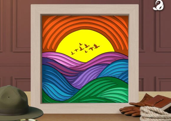 Sunset Ocean Waves Shadow Box: 3D SVG Design for Coastal Branding