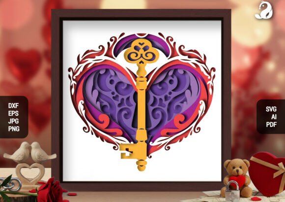 Vintage Key to My Heart 3D Papercut: A Romantic 3D SVG for Shadow Box-Inspired Design Projects